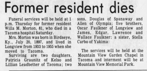 Obituary for Willa M Faulkner Morton (Aged 81)